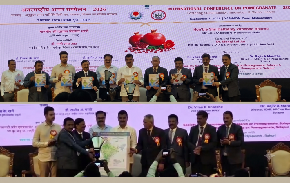 The Pomegranate Suitability Map of India and the report developed jointly by ICAR-NRCP and ICAR-NBSS&LUP were released on 7th September, 2026 at Pune by the Hon’ble Minister of Agriculture, Government of Maharashtra, during the International Conference on Pomegranate.